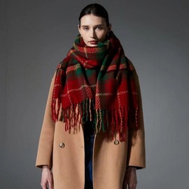 Red Christmas New Arrival Women's Plaid Cashmere-Like Scarf lf1077 Free Size / Red + 60*180 + 10*2 2ea