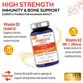 Granions Max Strength Vitamin D3 K2 Supplement - 250mcg (10,000 IU) D3 + 200mcg Vitamin K2 (MK-7) - Vitamins for Bone Health, Immune Support Supplements VIT K2D3-2 Month, 60 Tablets