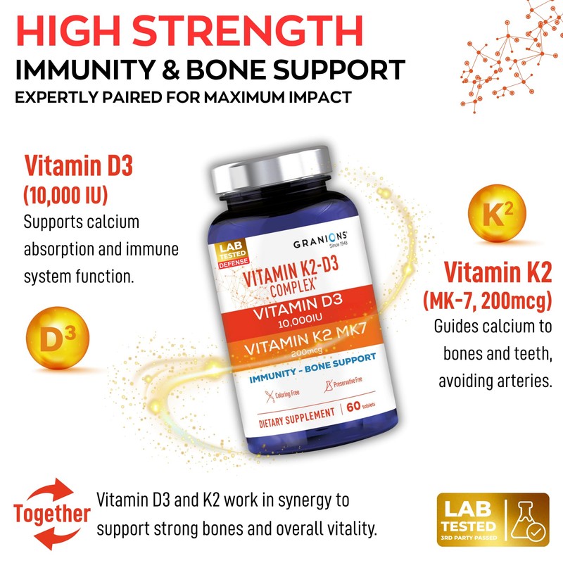 Granions Max Strength Vitamin D3 K2 Supplement - 250mcg (10,000