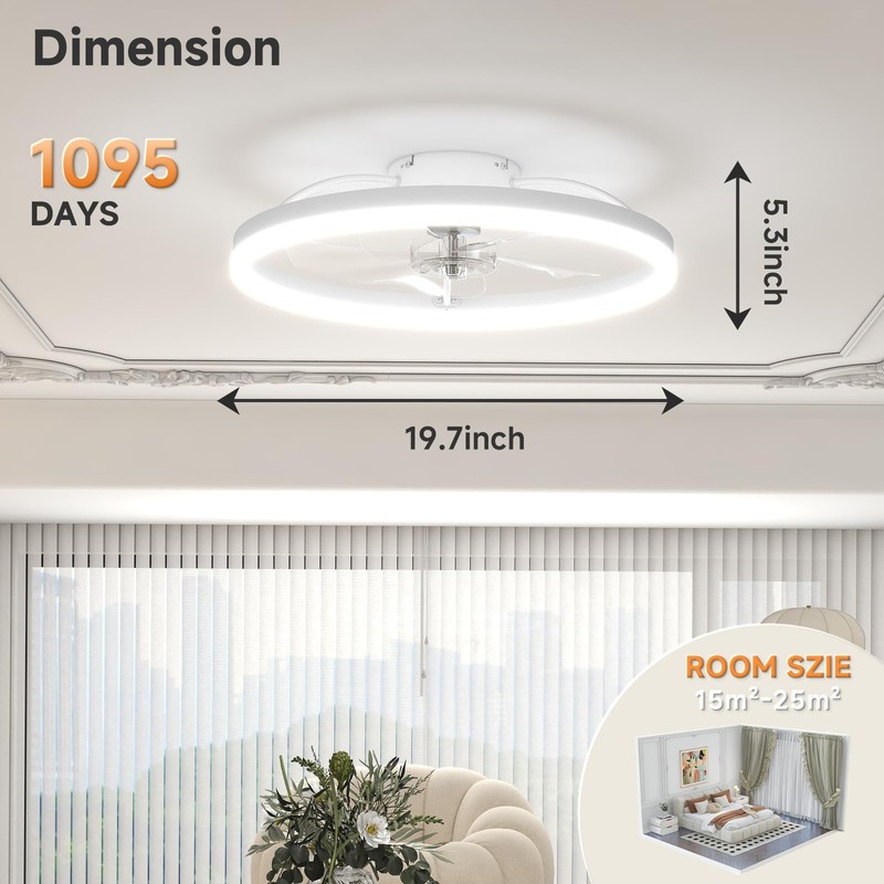 VOLISUN Low Profile Ceiling Fans with Light and Remote,19.7in Modern