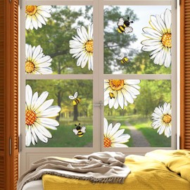 JarThenaAMCS 4 Sheets Daisy Bee Window Clings Cute Floral Window Stickers Double-Sided Glass Decals for Spring Summer Home Office Party Decor