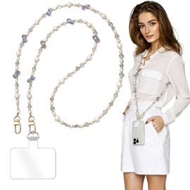 Turkalla Phone Chain Crossbody Pearl Strap,Pearl Beaded Chain Shoulder Crossbody Lanyard with Phone Tether Patches Compatible with Most Phones Bag Purse(J)