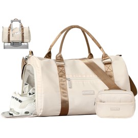 FIORETTO Womens Gym Tote Duffle Bag with Toiletry Bag, Sports Duffel Overnight Hospital Workout Carry on Bag for Girls with Wet Pocket & Shoe Compartment, Ideal for Travel, Swimming, Beige & Brown