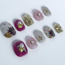 Nail Tips, Press on Nail, Set of 10, Handmade Nail Tips, Japanese Style Enamel Flower Purple