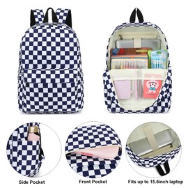 Yusudan Checkered Girls School Backpack, 3 in 1 Set Kids Teens School Bag Bookbag with Lunch Bag Pencil Case (Navy Blue)