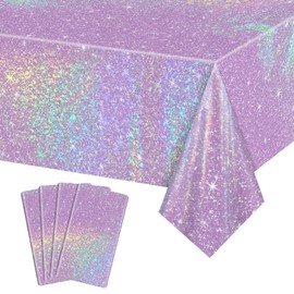 APUXXJUPA 4 Pcs Purple Laser Table Covers, Shiny Disposable Rectangle Purple Tablecloth for Iridescent Party Decorations Bridal Wedding Party Supplies, 51 x 86 inches