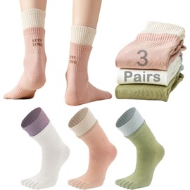 QUPOLPOL Women's Athletic Toe Socks – 3 Pairs of Breathable Cotton Five-Toe Socks with Stylish Contrast Stripes for Yoga, Pilates, Fitness, and Everyday Wear