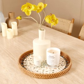 Round Rattan Tray with Mother of Pearl Inlay & Wooden Base - Decorative Wicker Serving Tray for Coffee/Bread/Fruits, Food Storage & Display - Multipurpose Home Decor (13.8" Blue Shells)