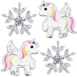 Girls Children's Stud Earrings Real 925 Sterling Silver Unicorn Horses Snowflake, Sterling Silver Silver, Cubic Zirconia