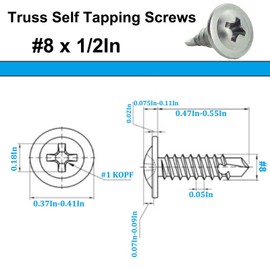 Fajoeda 120PCS #8 x 1/2" Sheet Metal Screws,410 Stainless Steel Truss Head Self Tapping Screws for Metal High-Strength Fast Self Drilling Screws,Sliver (1/2" to 1-1/2" Available)