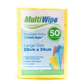 Multi Wipe 50 Large yellow disposable cleaning cloths |"J cloth style." | Made with 30% wood pulp | 50cm x 34cm | Also available in packs of 100 and 500