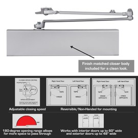 BRINKS Commercial - Heavy Duty All-in-One Commercial Door Closer, Aluminum Finish - Adjustable from Size 1 to Size 5 with a 180-Degree Opening Range
