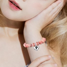 ECOOLOC Initial Letter Birthday Graduation Gifts for Her, Adjustable Beaded Natural Stone Bracelet with Heart Charm for Daughter, Niece,Sister and Friend