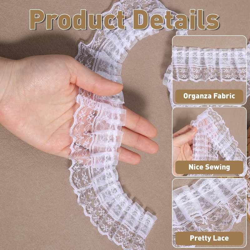 White Lace Ribbon, 2-Layer Pleated Edge White Lace Ruffle Trim