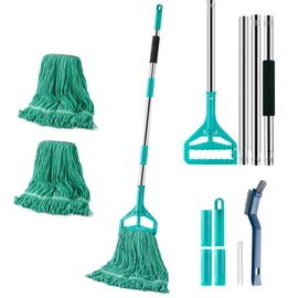 Commercial Mop with 3 Replacement Heads & 1 Handles, 64" Long Handle Heavy Duty Industrial Wet String Cotton Mop, for Concrete/Tile/Garage Floors-Home, Kitchen