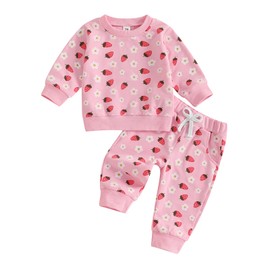 Geagodelia Toddler Baby Girl Fall Winter Outfit Clothes Strawberry Flower Print Sweatshirt Jumper Top Trouser Co Ord Matching Clothing Set (Pink, 6-12 Months)