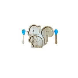 Baby & Toddler Bamboo Suction Plate Set for Feeding and Weaning - Blue Squirrel Design by Bamboo Gift Company