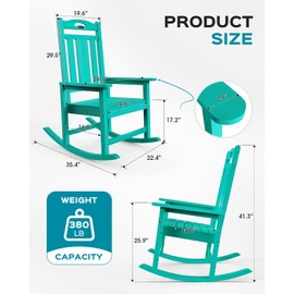 Oversized Rocking Chair Outdoor, HDPE Poly Rocking Chair, All Weather Porch Rocker for Deck Patio Balcony, 380lbs, Lakeblue