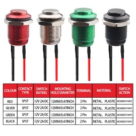 RUNCCI-YUN 8pcs 12 mm Push Button Waterproof Metal Push Button Switch, Stainless Steel, 12 V Momentary Push Button for Horns, Bell, Car Round Mini Press Button Red Silver Green Black (High Head)