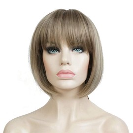 Lydell Short Bob Synthetic Wigs with Neat Bangs for Women Girls Blonde Brown