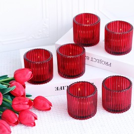 VOHO Red Votive Candle Holders for Christmas Valentines Day Decoration, Vintage Ribbed Tea Lights Candle Holder for Wedding, 6pcs Large Tealight Candle Holder for Votives Tea Lights(2.75'' x 2.56'')
