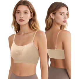 iMuchic Clear Strap Bra for Girls Women, Nude Dance Bra Seamless Pad Ballet Bras with Adjustable Straps and Silicone Covers (US, Alpha, Large, Regular, Regular, Beige-Women)