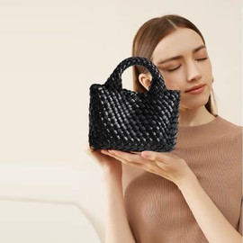 OUYGZOU Woven Tote Bag for Women with Coin Purse, Foldable Chain Small Crossbody Handbags, Fashion Shoulder Bag, Hobo Satchel, Black