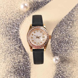 WOCCI 18mm Grace Watch Band for Ladies, Top Grain Leather, Quick Release Replacement Strap with Gold Buckle (Black)