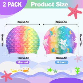 Dyrfolm 2 Pack Kids Swim Caps,Silicone Swim Caps for Kids Girls,Waterproof Swimming Caps,Mermaid Unicorn Swimming Hats,Non Slip Bathing Cap for Long and Short Hair,Keep Hair Dry