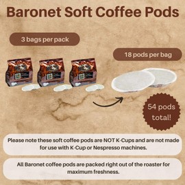 Baronet Coffee Pods [100% Colombian Coffee -54 Pods] Single Cup Use for Senseo Coffee Machine - 3 Bags of 18 Single Serve 8 Gram Pods, Regular Strength Soft Coffee Pods, Medium Roast [100% Colombian]