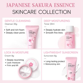 Sakura Gesichtspflege Set 10 Stück,Japan Sakura Skincare Set，Hautpflege Set für Teenager-Mädchen, Euchtigkeit, Anti Aging, Teenager Mädchen Geschenke Reisegrößen Produkte Korean Skincare Set