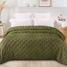 Exclusivo Mezcla Queen Size Flannel Fleece Blanket, Super Soft 3D Checkered Jacquard Bed Blanket, Cozy Fluffy Lightweight Blanket for All Seasons, 90x90 Inches, Olive Green Blanket