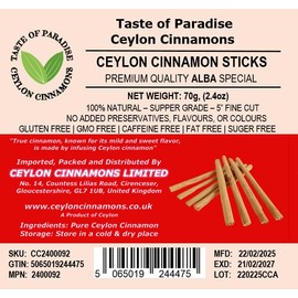 Ceylon Cinnamon Alba Supper Grade Sticks - 5" Hand-Crafted, 70g (2.4 oz) - True Cinnamon Quills, 100% Natural, Pure Cinnamon, Premium Grade. Vegan and Non-GMO, Allergen-Free and Raw