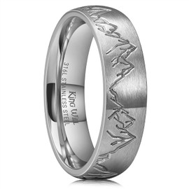 King Will Stainless Steel Men Ring Wedding Band for Men - 6mm Silver Plated Brushed Finish Inlay Mountains Pattern Stainless Steel Men Wedding Ring for Everyday Wear Comfort Fit, Size 7