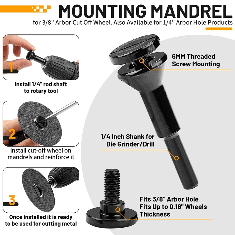Junchamp Cut-Off Wheel Mounting Mandrel Holder 3/8" & 1/4" Arbor