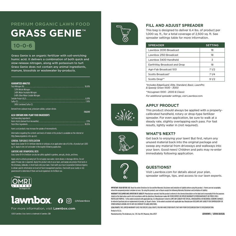 Lawnbox Grass Genie 10-0-6 100% Organic Spring Grass Fertilizer 16
