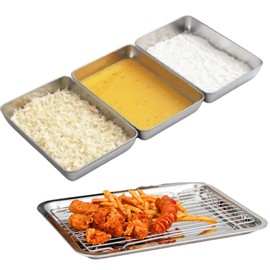 GOVNPJ Set of 3 Breading Pans, Chicken Cutlet Dredging Trays with Stainless Steel Oil Filter Tray Breading Trays for Cooking, Food Prep Trays for Preparing Bread-Crumb Dishes, Panko, Schnitzel