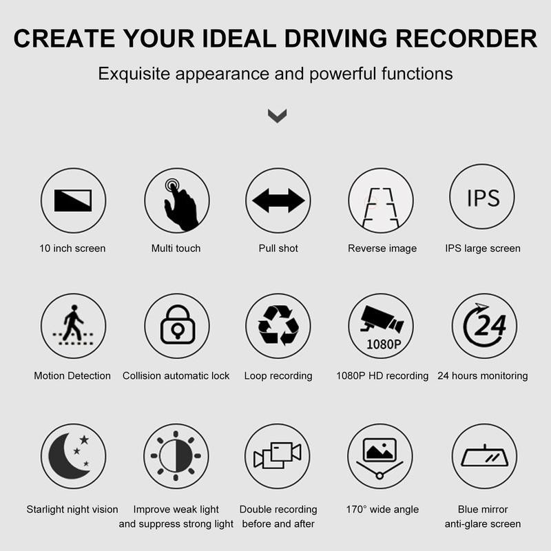 10-inch dash cam night vision, 1080P full touch screen with