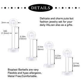 ZAMXHUG Plastic Lip Piercing Labret Stud 1.2 mm Flexible Piercing Lip Monroe Helix Retainer, Piercing Plug Flexible Acrylic for Women Men 6 mm/8 mm/10 mm/12 mm, Pack of 20