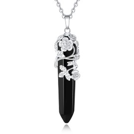 XIANNVXI Black Agate Stone Necklaces Healing Crystals Flower Wrapped Pointed Pendant Necklace Reiki Gemstone Quartz Jewellery for Women Mothers Day Gifts