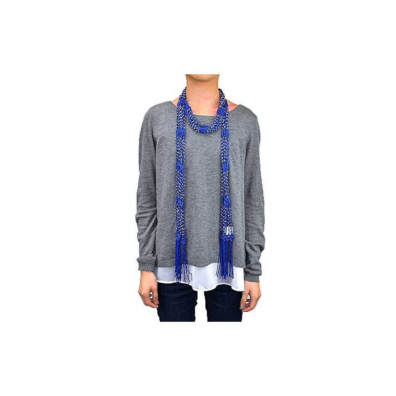 Crocheted Beads Bling Scarf with Fringe (Royal Blue)