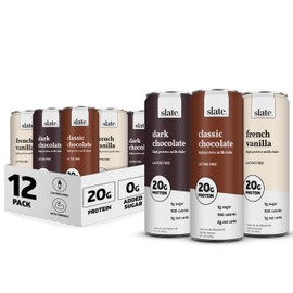 Slate Milk - High Protein Milk Shake - Core Variety Pack - Classic Chocolate, Dark Chocolate, French Vanilla - Lactose Free, 20g Protein, 1g Sugar, 100 Calories, 1-2g Net Carbs - 11 fl oz, 12 Cans