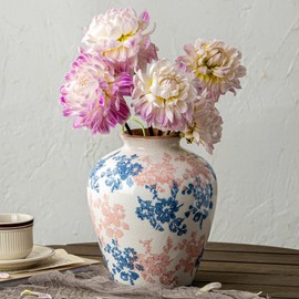 SEUYUCL SEUYUCL Pink Blue and White Vase, 8 Inch Vintage Chinoiserie Ceramic Vase, Rustic Flower Vases Decorative Antique Vases for Home Decor, Retro Ice Cracked Porcelain Farmhouse Table Centerpieces Decor
