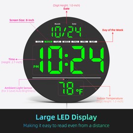 Digital Wall Clock with Large LED Display, Auto-Brightness, Temperature, Low-Reflectivity, Small Silent Non-Ticking Modern Electric Wall Clock for Bedroom, Living Room, Office, Classroom, Farmhouse