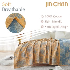 jinchan Boho 100% Cotton Muslin Twin Size 60x80 Inches Blanket Lightweight 4-Layer Quilted Soft Yellow and Blue Floral Throw Blanket Reversible Comfy Flower Breathable All Seasons Couch Bedroom Decor