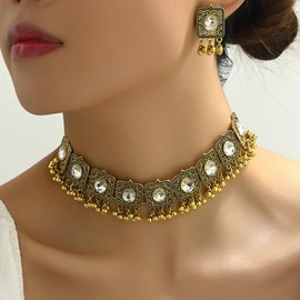 Vintage Ethnic Jewellery Set for Women Boho Cubic Zirconia Beads Dangle Earring Tassels Choker Necklace Crystal Wedding Party Oxidized Traditional Indian Bollywood Gift Daily Wear Birthday Bff (Clear)