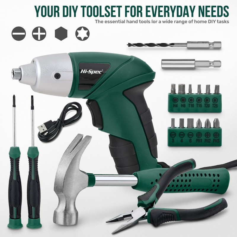 Hi-Spec 3.6V Cordless Electric Screwdriver Set with Interchangeable Bits, Green