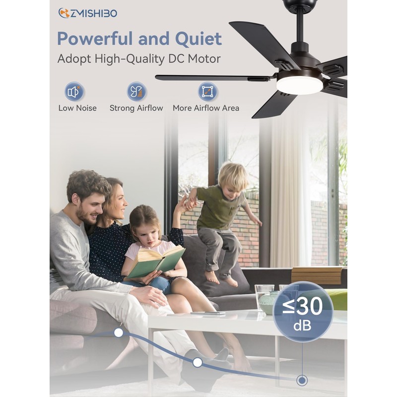 ZMISHIBO 44" Ceiling Fans with Lights, Black Modern Ceiling Fan