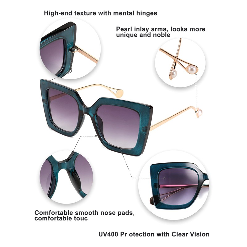 FEISEDY Gafas de sol cuadradas de gran tamaño con incrustaciones