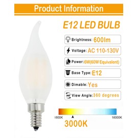 Lamsky Frosted E12 Candelabra Bulb 60 Watt Dimmable,Flame Bent Tip Shape LED Chandelier Light Bulbs Soft White 3000k,6W B11 E12 LED Bulb for Ceiling Fan,Pendants,12 Pack